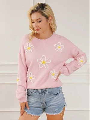 Baby Pink Daisy Stitching Crew Neck Sweater