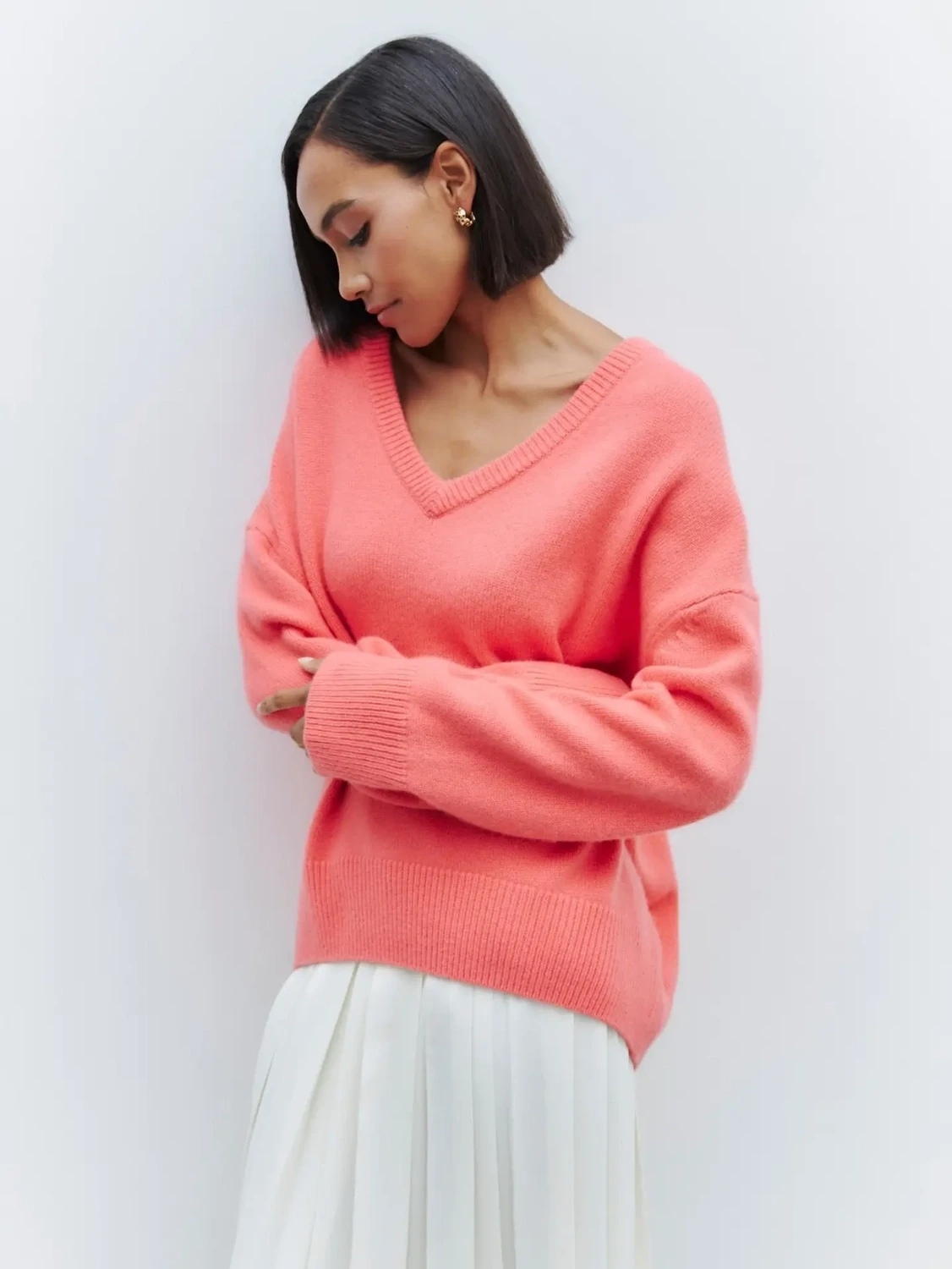 Coral Long Sleeve V-Neck Pullover Sweater