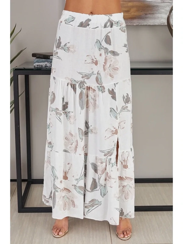 White Cotton Stretch Waistband Floral Skirts