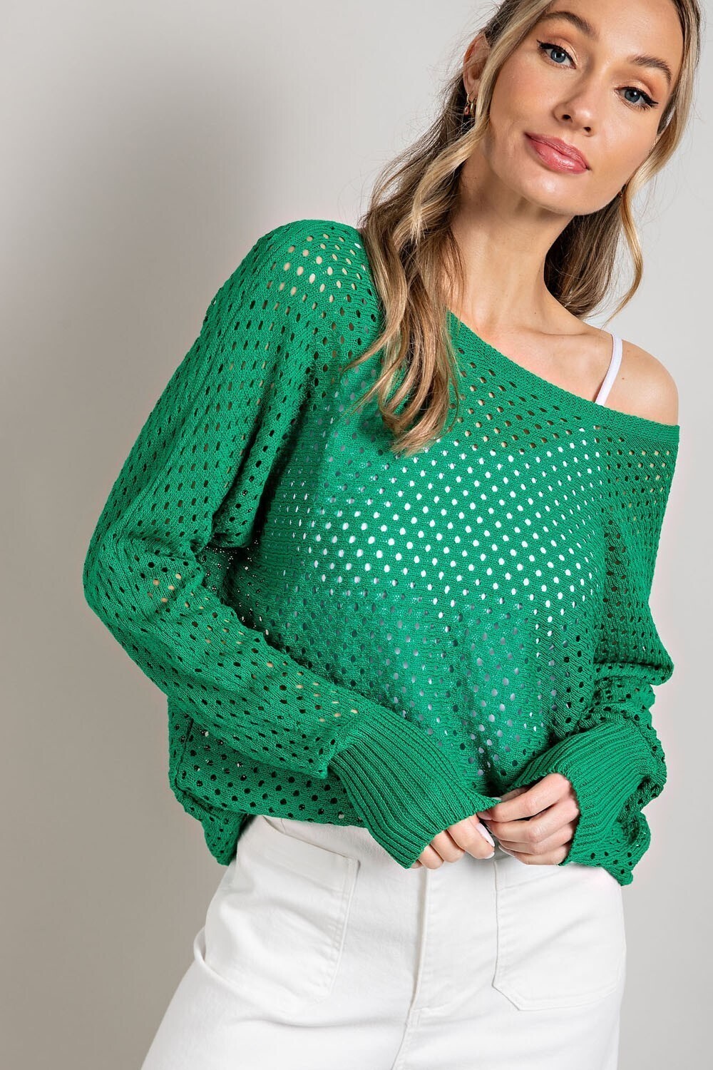Kelly Green Eyelet Knit Light Sweater Cover Up