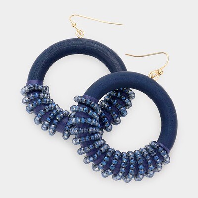 Navy Faceted Bead Wrapped Open Wood Circle Dangle Earrings