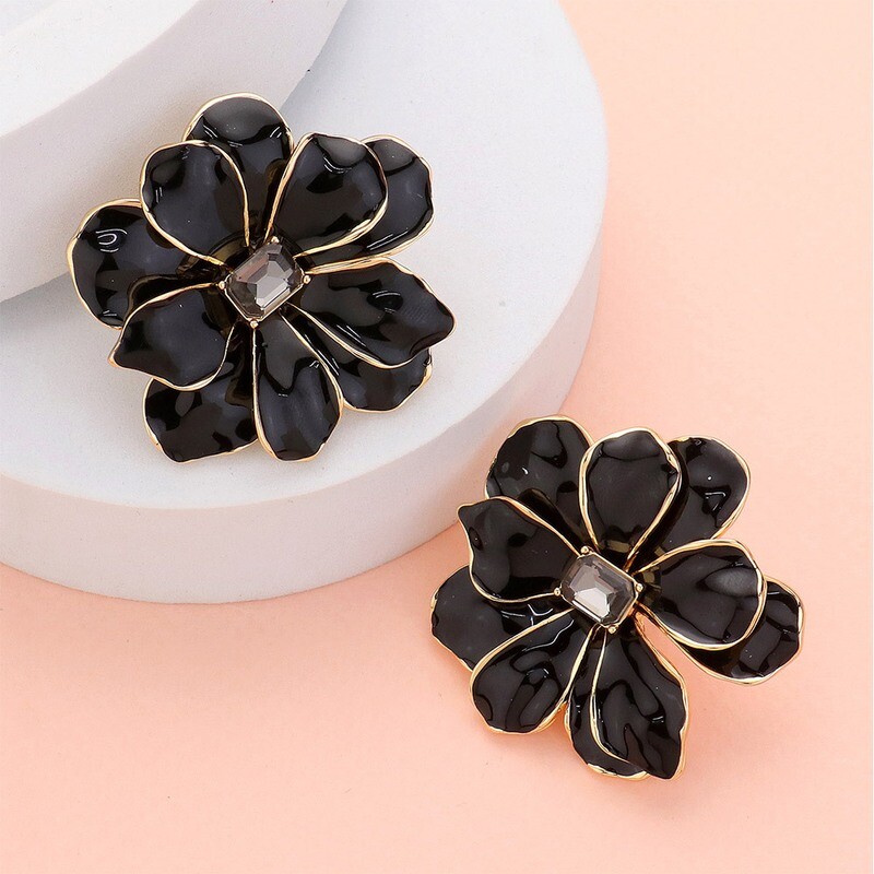 Stone Pointed Enamel Flower Earrings