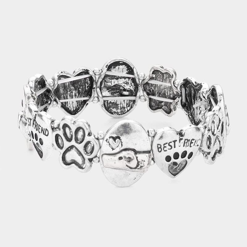 Dog Paw BEST FRIEND Message Heart Stretch Bracelet