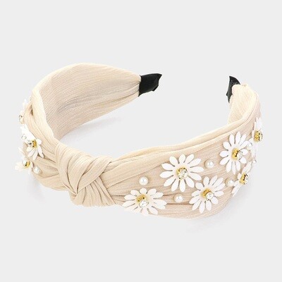 Flower Pearl Embellished Knot Headband