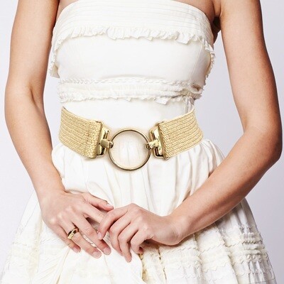 Ivory/Gold Open Metal Circle Accented Elastic Belt