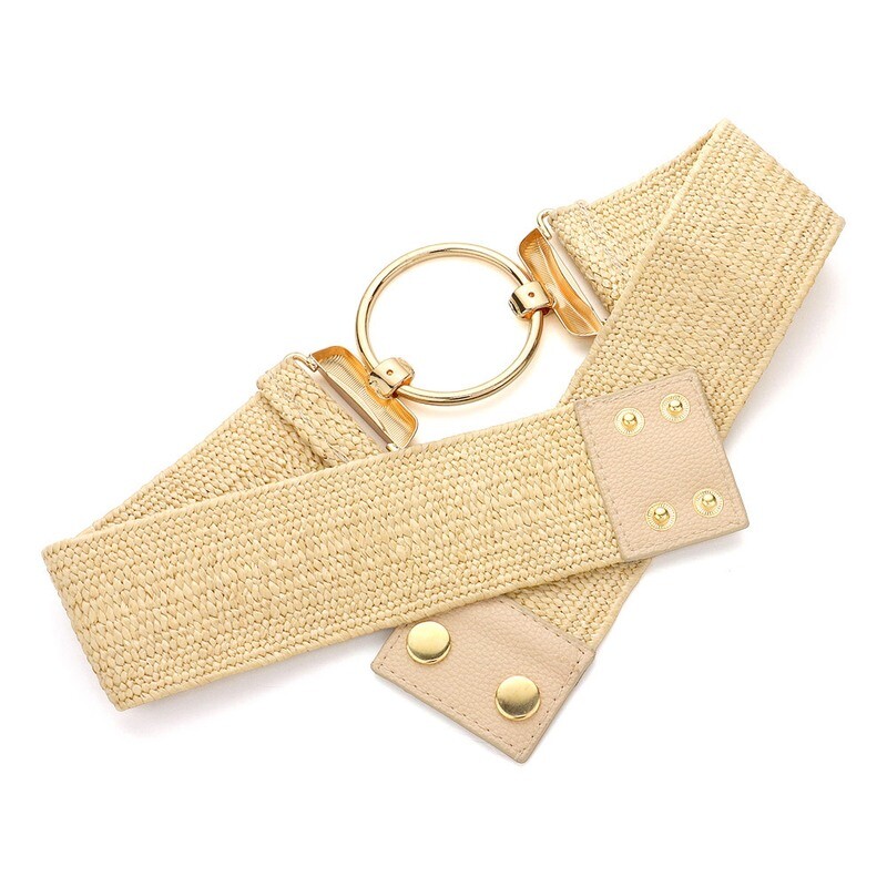 Ivory/Gold Open Metal Circle Accented Elastic Belt