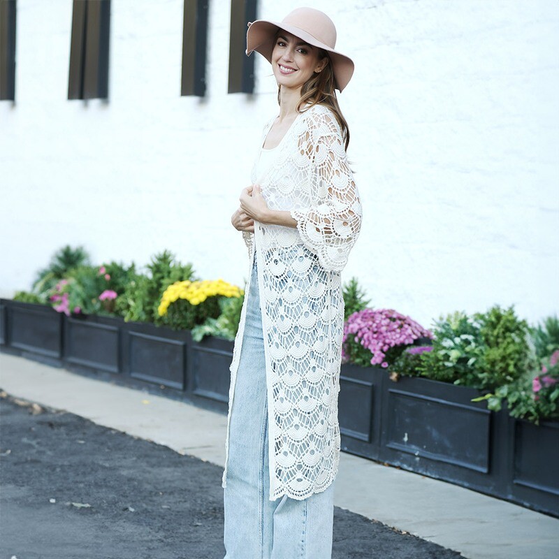 Ivory Solid Long Crochet Open Duster