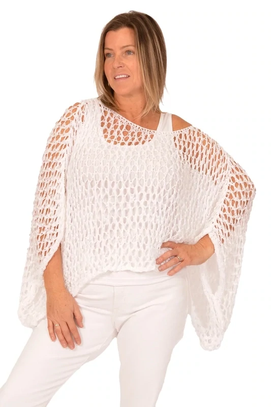 Italian White Open Knit Flowing Poncho