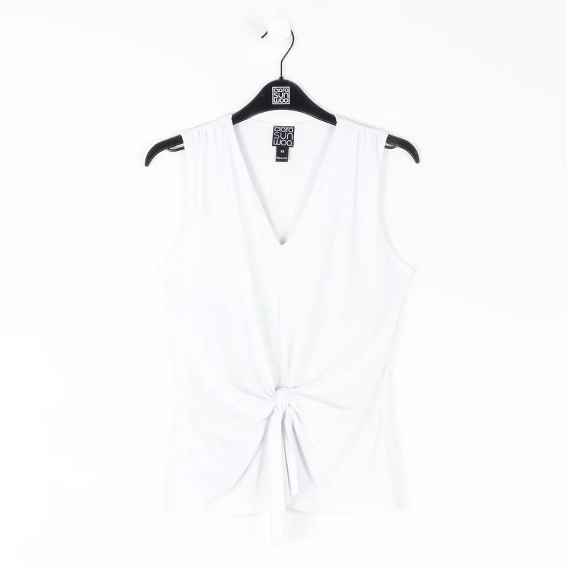 White Sleeveless V-Neck Center Front Tie Top