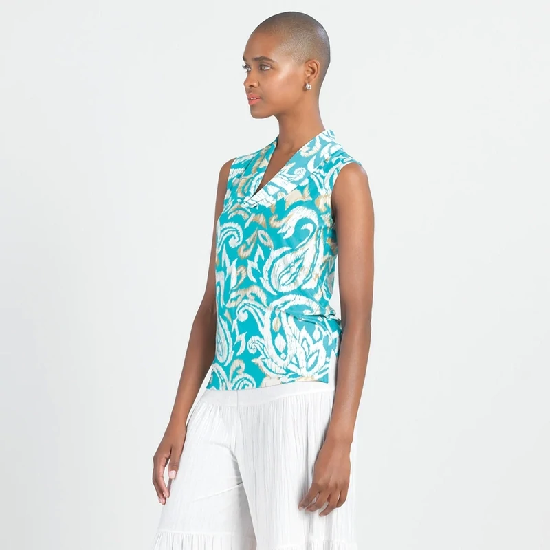 Paisley Lotus Sleeveless Draped Cowl Neck Top