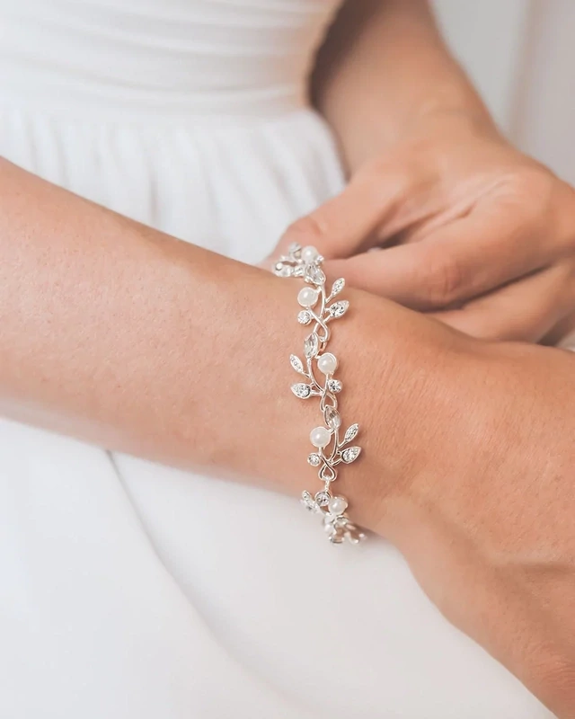 Silver Marquise CZ/Pearl Vine Botanical Formal Bracelet