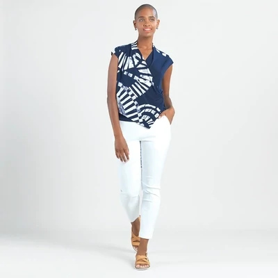Navy Track Line Crossover Faux Wrap Top