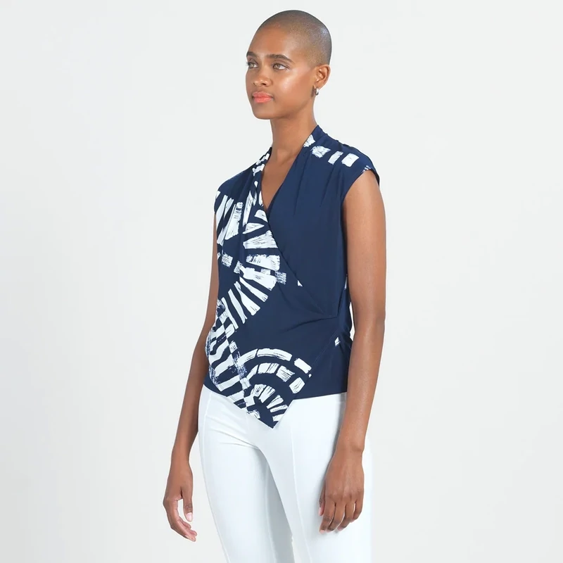 Navy Track Line Crossover Faux Wrap Top