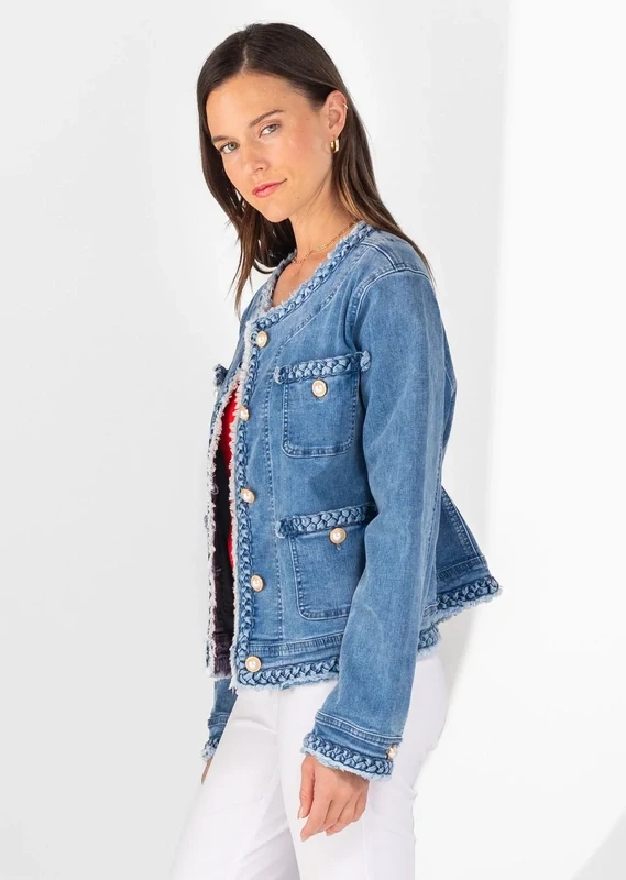 Lisette 21.5" Distressed Pearl Accent Denim Jacket