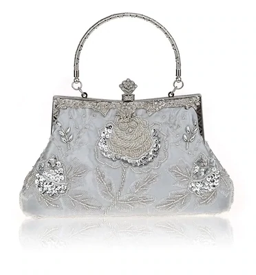 Silver Beaded Floral Vintage Evening Bag