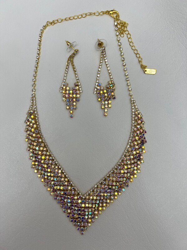 Gold AB Crystal V Neck Statement Necklace Set