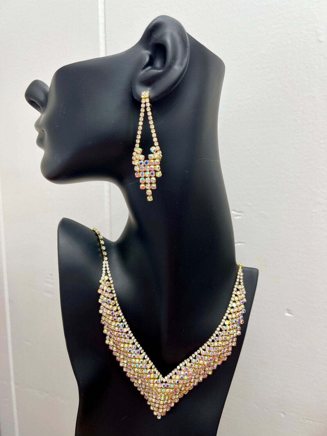 Gold AB Crystal V Neck Statement Necklace Set