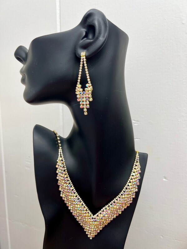 Gold AB Crystal V Neck Statement Necklace Set
