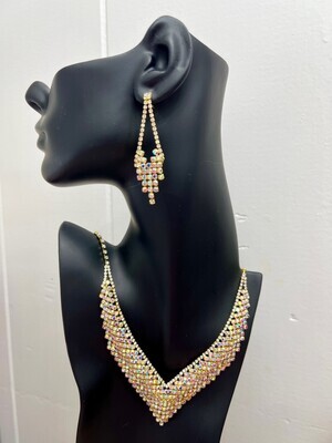 Gold AB Crystal V Neck Statement Necklace Set
