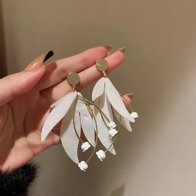 Handmade Gold White Shell Flower Bar Drop Earrings