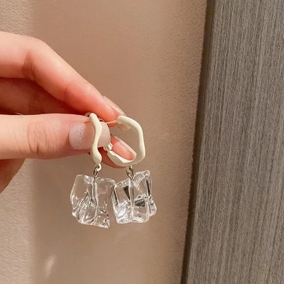 Ivory Hoop earring with Clear Irregular Cube Drop