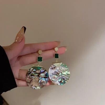 Gold Emerald drop/Round Abalone Disc Drop Earrings