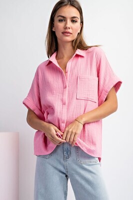 Bubble Pink Soft Washed Cotton Gauze Button Top