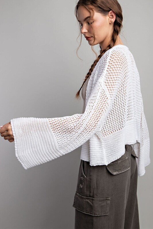White Cropped Eyelet Knit Long Sleeve Cardigan