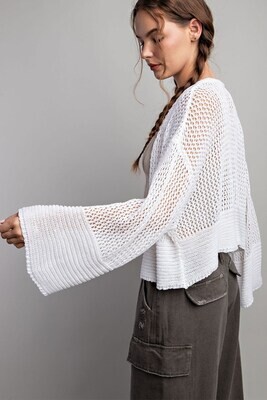White Cropped  Eyelet Knit Long Sleeve Cardigan