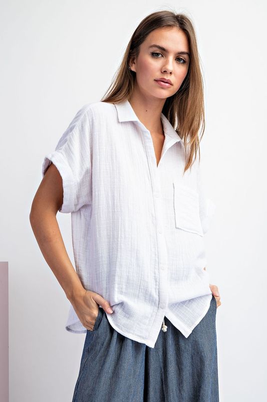 White Soft Washed Cotton Gauze Button Top