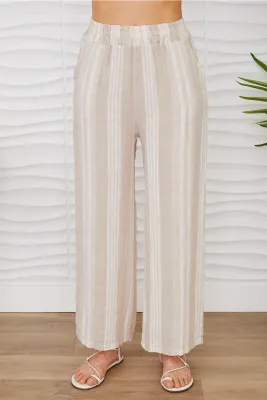 Beige Stripe Flat Front Linen Pant