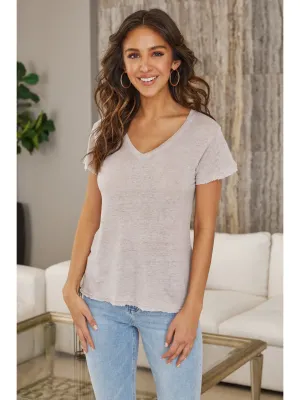 Dusty Pink Raw Edge Short Sleeve V-Neck T