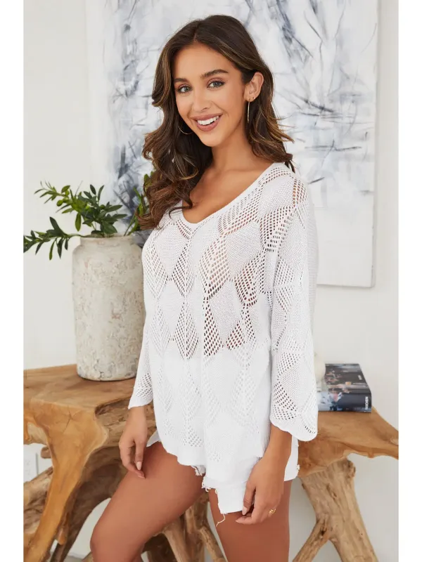 Italian Made Diamond Patterned White Crochet Top