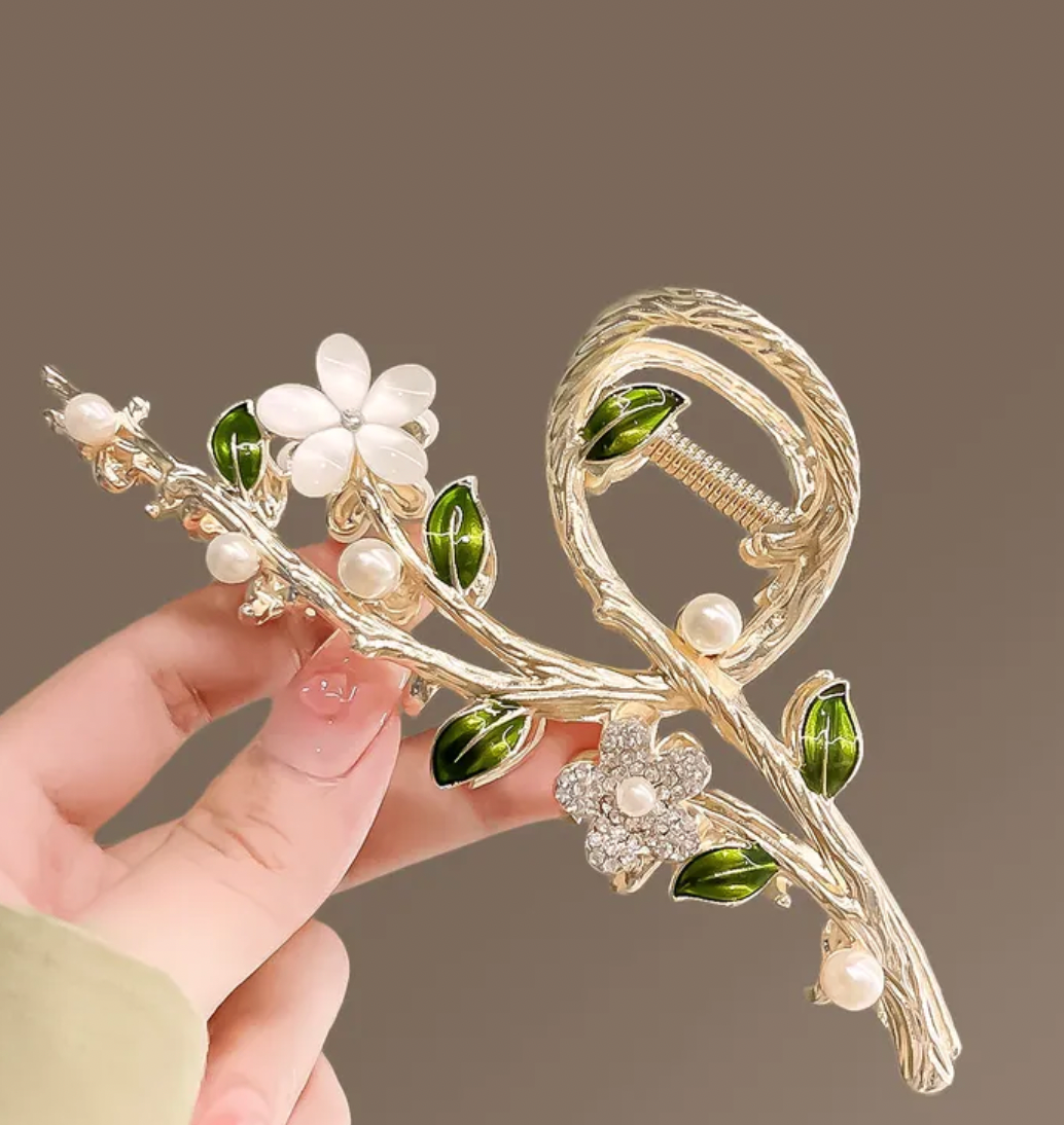 Large Gold Floral/Pearl Accent Hair Claw