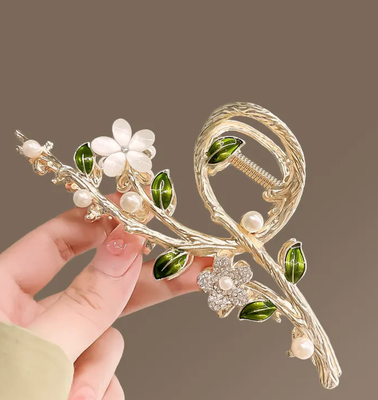 Large Gold Floral/Pearl Accent Hair Claw