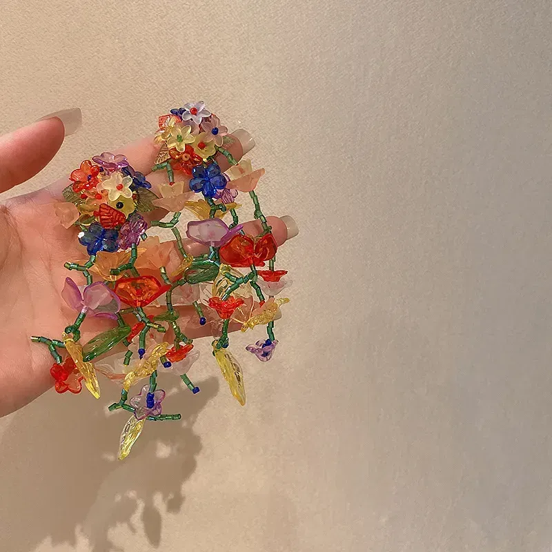 Large Multi Colored Handmade Acrylic Floral Spray Earrings