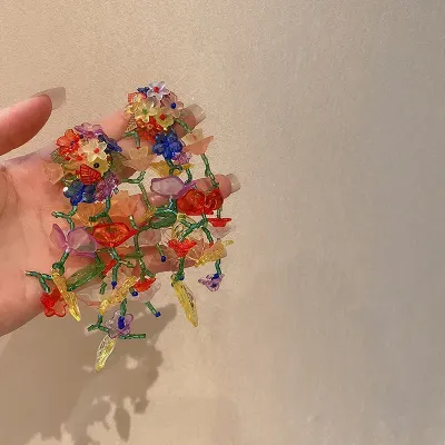 Large Multi Colored Handmade Acrylic Floral Spray Earrings