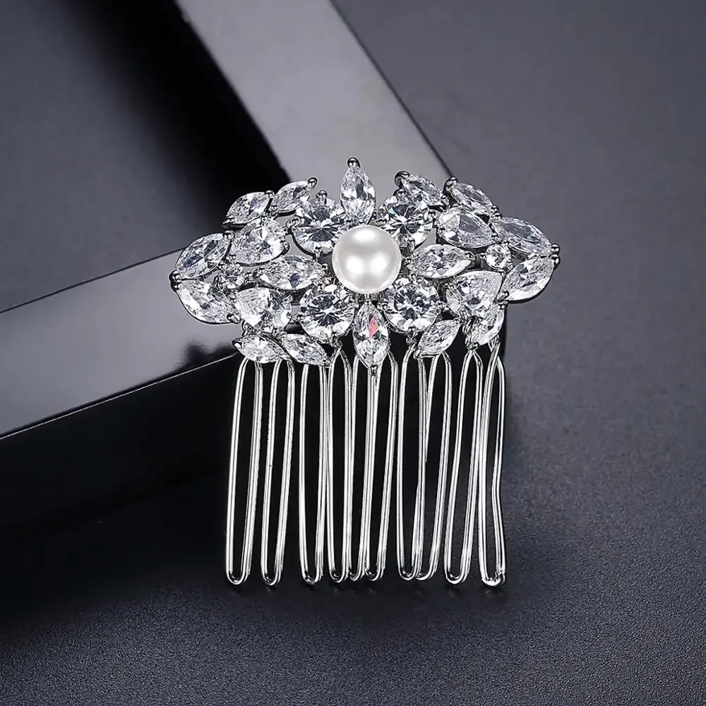 Multi Shape AAA Cubic Zirconia Cluster Pearl Center Hair Comb