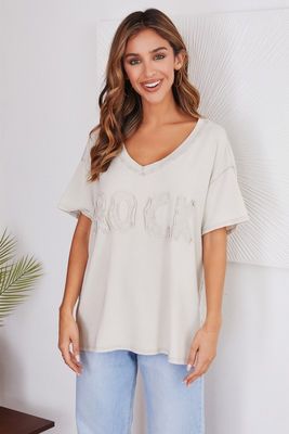 Beige Rock Patch Detail Short Sleeve Shirt