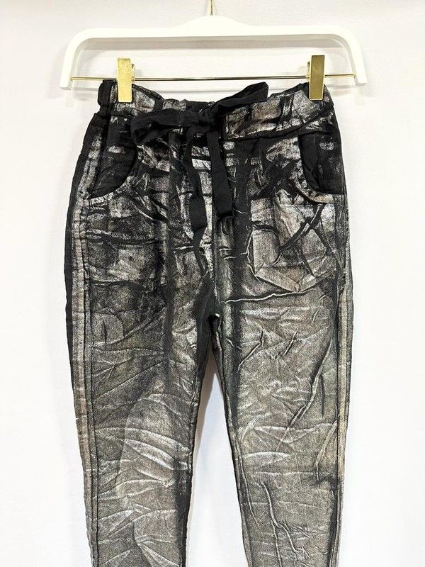 Black  Metallic Foil Coated Crinkle Jogger Pants