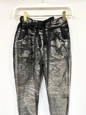 Black  Metallic Foil Coated Crinkle Jogger Pants