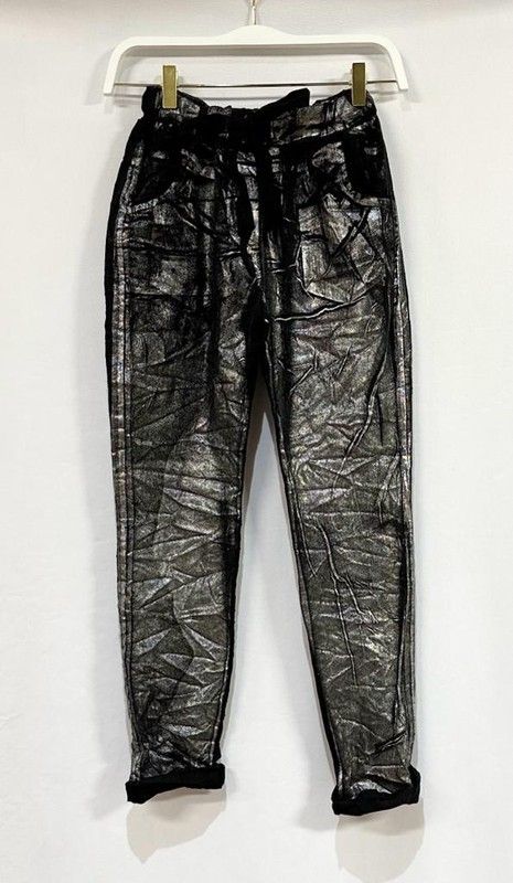 Black  Metallic Foil Coated Crinkle Jogger Pants