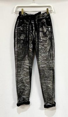 Black  Metallic Foil Coated Crinkle Jogger Pants