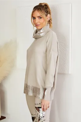 Italian Made Beige Metallic Accent Knit Sweater