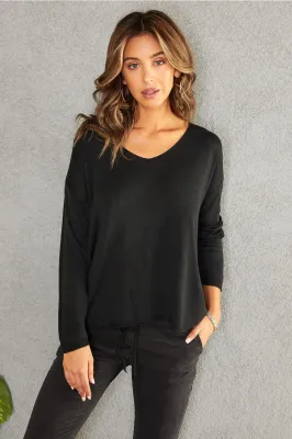 Italian Lightweight V-Neck Black Knit Top