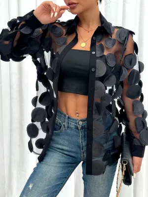 Black Sheer Top with Raised Circle Fabric