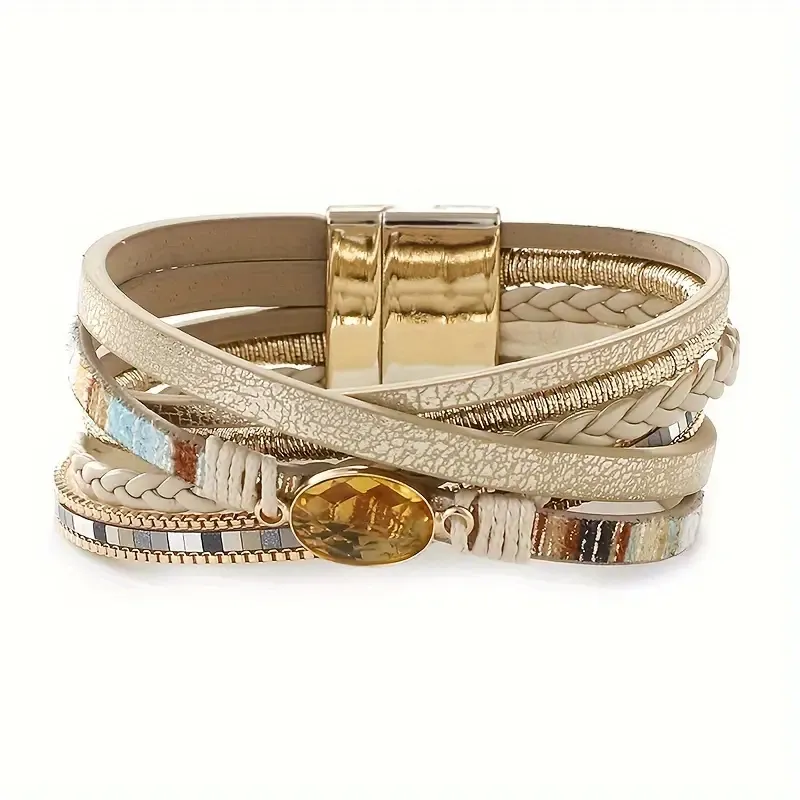 Cream Vegan Leather Amber Crystal Magnetic Bracelet