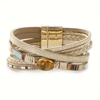 Cream Vegan Leather Amber Crystal Magnetic Bracelet