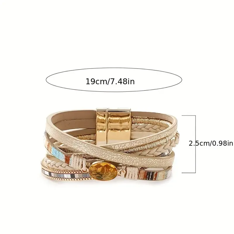 Cream Vegan Leather Amber Crystal Magnetic Bracelet