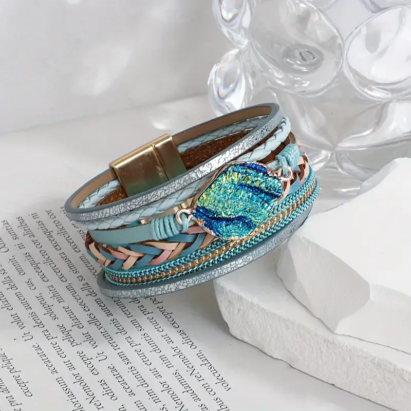 Aqua Blue Druzy Stone Multi Strap Magnetic Bracelet